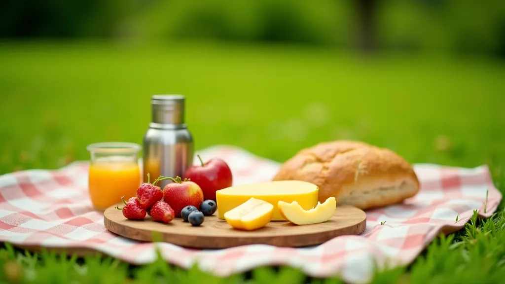Piknika komplekts ar maizi, sieri, augļiem un termoskannu uz zālienā