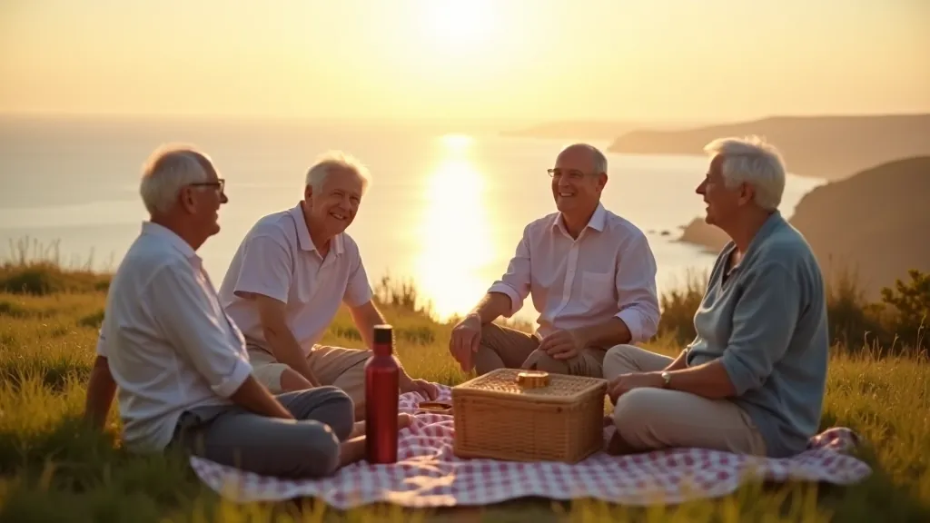 Senioru grupa sēž uz pikniku pledas piekrastē ar piknika grozu un termosiem